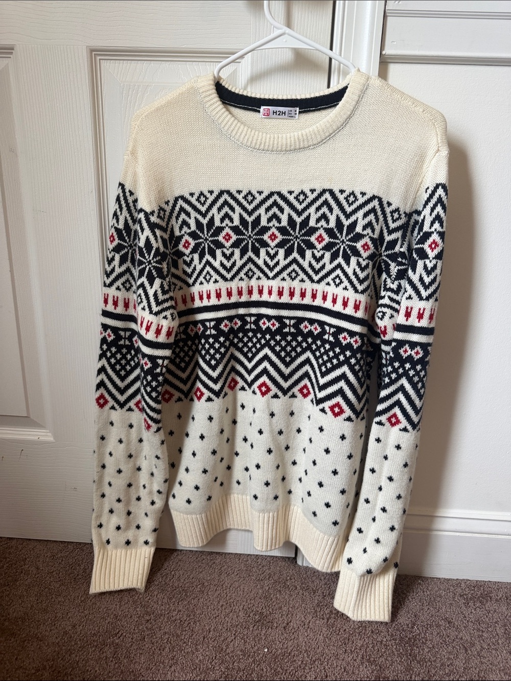 Cream Fair Isle Crewneck Sweater with Black & Red Pattern